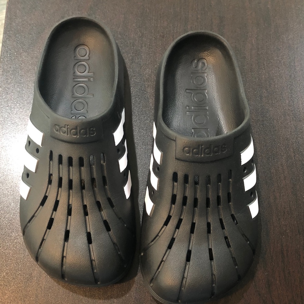 Adidas adult size Adilette Black and White Clogs, like new, NO BOX, size 10B